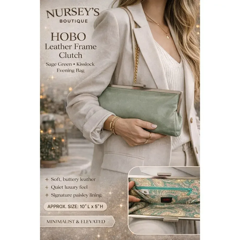 HOBO Leather Frame Clutch Sage Green Kisslock Evening Bag